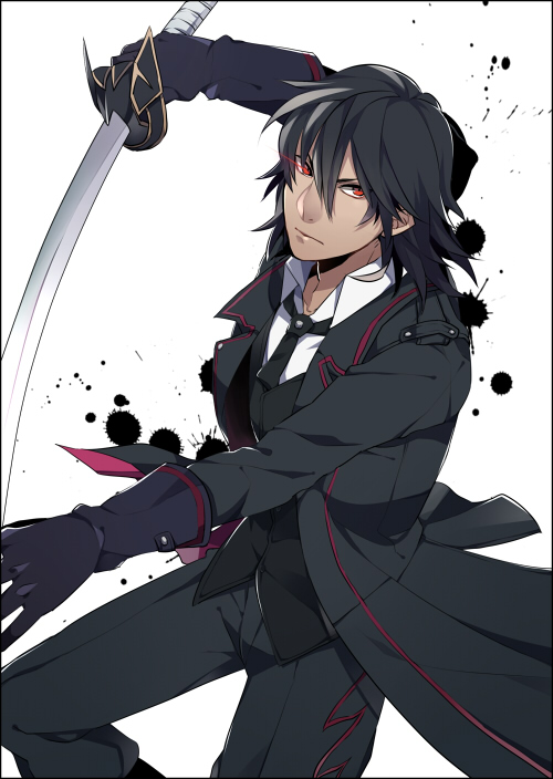 bad_id bad_pixiv_id black_gloves black_hair fighting_stance formal gaius_(tales) gloves kiragera male_focus necktie red_eyes solo suit sword tales_of_(series) tales_of_xillia tales_of_xillia_2 weapon white_background