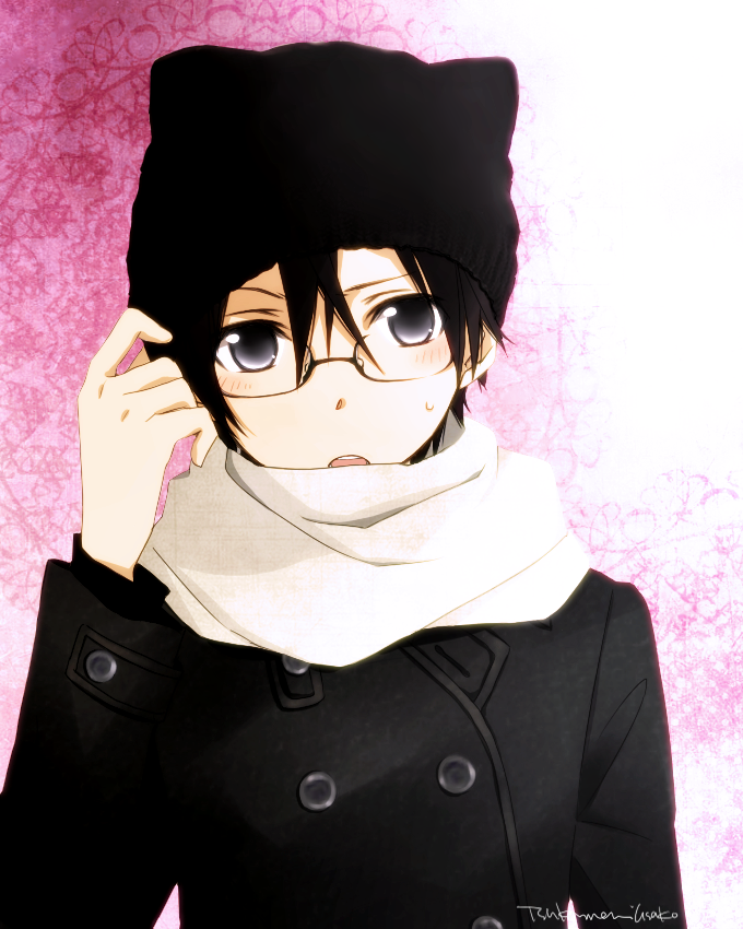 animal_hat bad_id bad_pixiv_id bespectacled black_eyes black_hair glasses hat kirito male_focus scarf solo sword_art_online tsukimori_usako