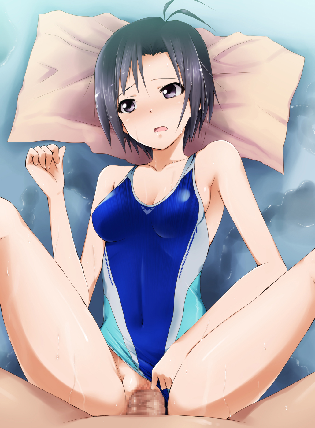 1girl antenna_hair black_eyes black_hair blush breasts censored cleavage clothed_sex competition_swimsuit covered_navel hetero highres idolmaster idolmaster_(classic) kaiga kikuchi_makoto long_legs looking_away medium_breasts mosaic_censoring one-piece_swimsuit penis petite sex short_hair solo_focus swimsuit swimsuit_aside vaginal wet