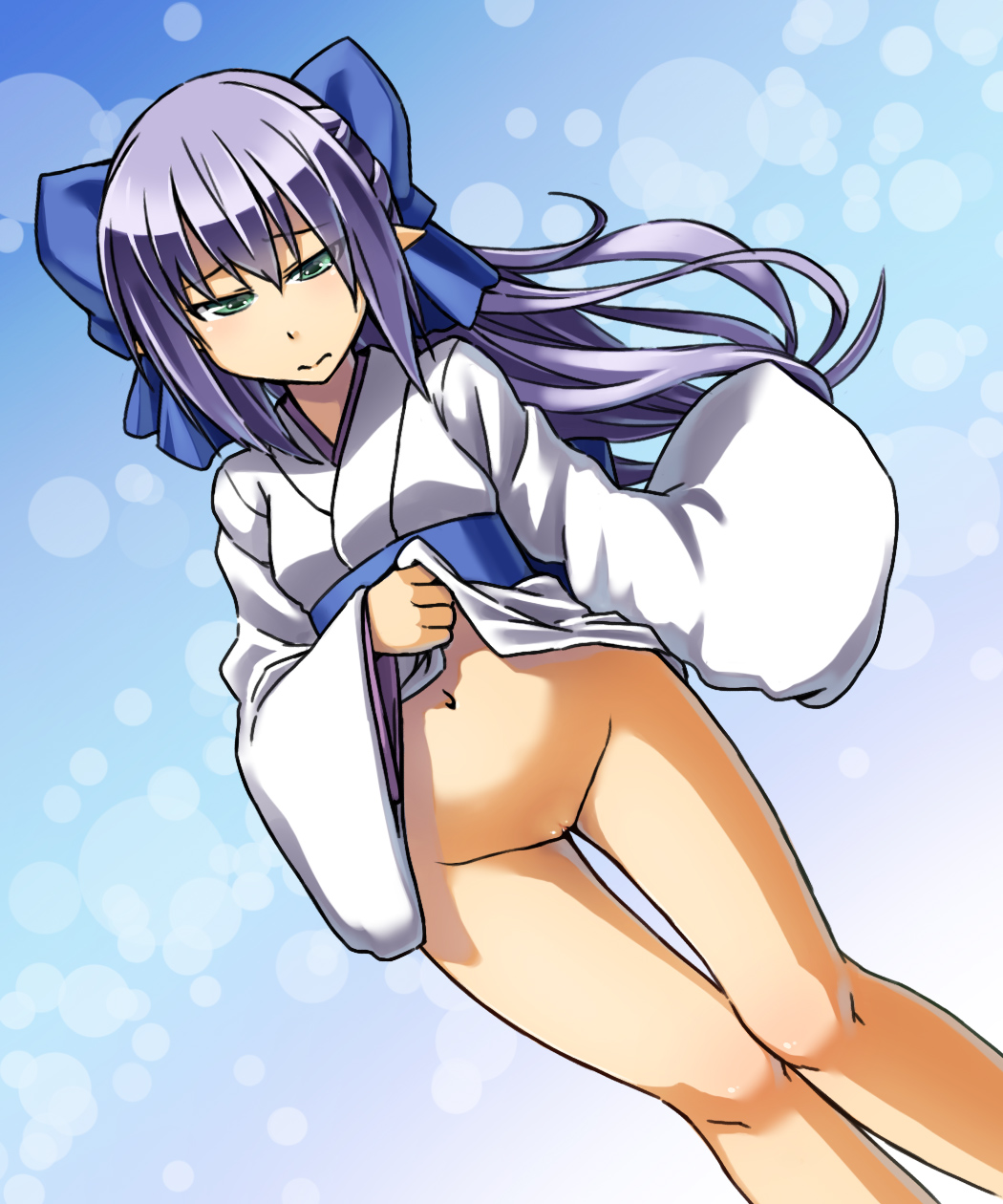 1girl alto-00 green_eyes highres japanese_clothes kimono long_hair no_panties pointy_ears purple_hair pussy skirt skirt_lift solo uncensored
