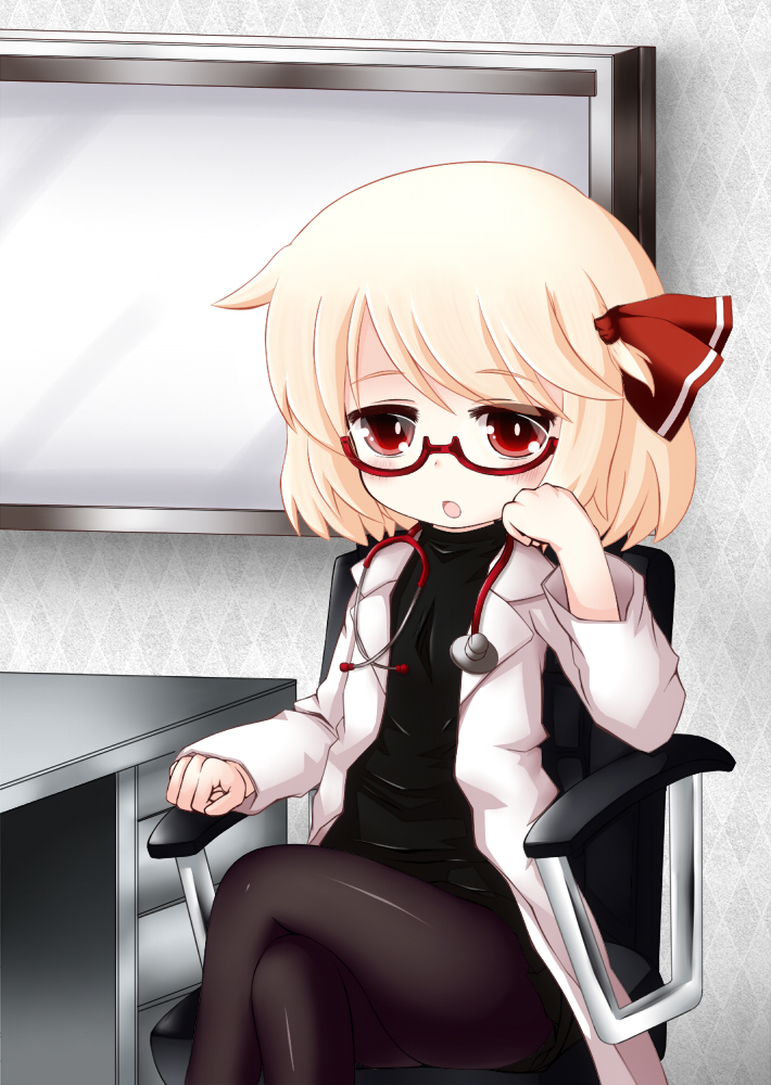 bad_id bad_pixiv_id bespectacled black_legwear blonde_hair blush chair coat cocozasa crossed_legs glasses hair_ribbon looking_at_viewer pantyhose red-framed_eyewear red_eyes ribbon rumia semi-rimless_eyewear short_hair sitting solo touhou under-rim_eyewear