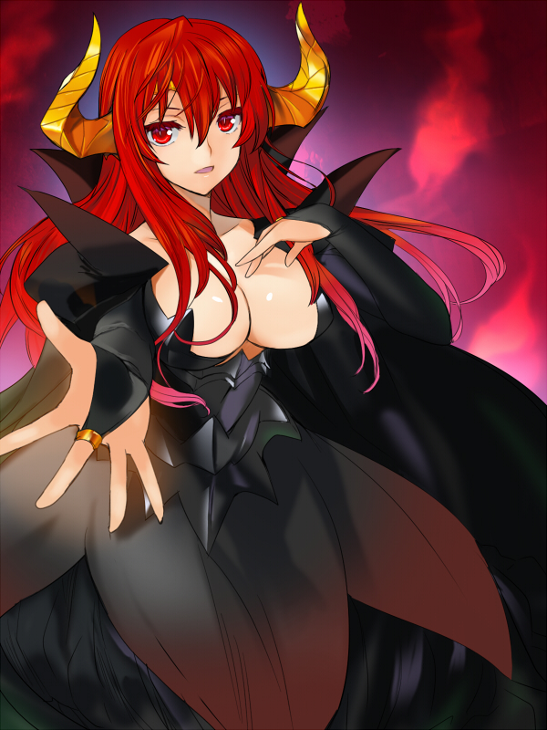 breasts bridal_gauntlets cleavage horns jewelry large_breasts long_hair maou_(maoyuu) maoyuu_maou_yuusha open_mouth orion_(orionproject) outstretched_hand red_eyes red_hair ring solo