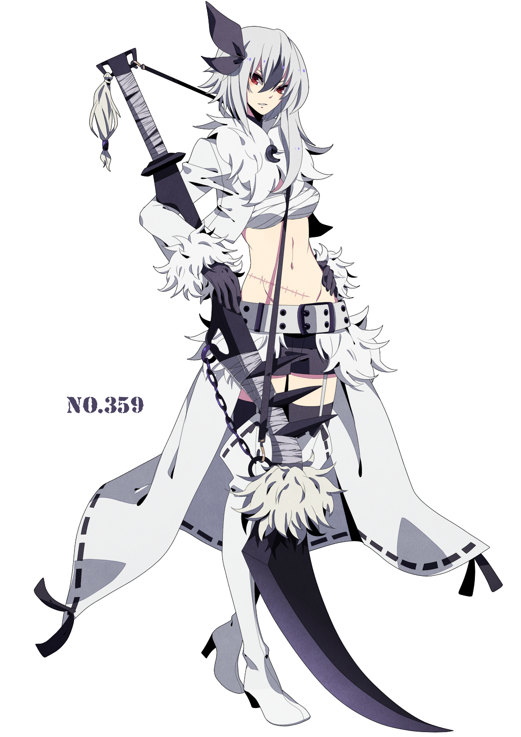 absol androgynous bandages belt between_breasts black_hair breasts buckle chain full_body gen_3_pokemon gloves hair_ribbon hand_on_hip high_heels highres long_hair long_sleeves looking_at_viewer merlusa midriff multicolored_hair navel over_shoulder parted_lips personification pokemon red_eyes ribbon scar shoes shorts simple_background solo stitches stomach tassel thighhighs two-tone_hair weapon white_background white_hair