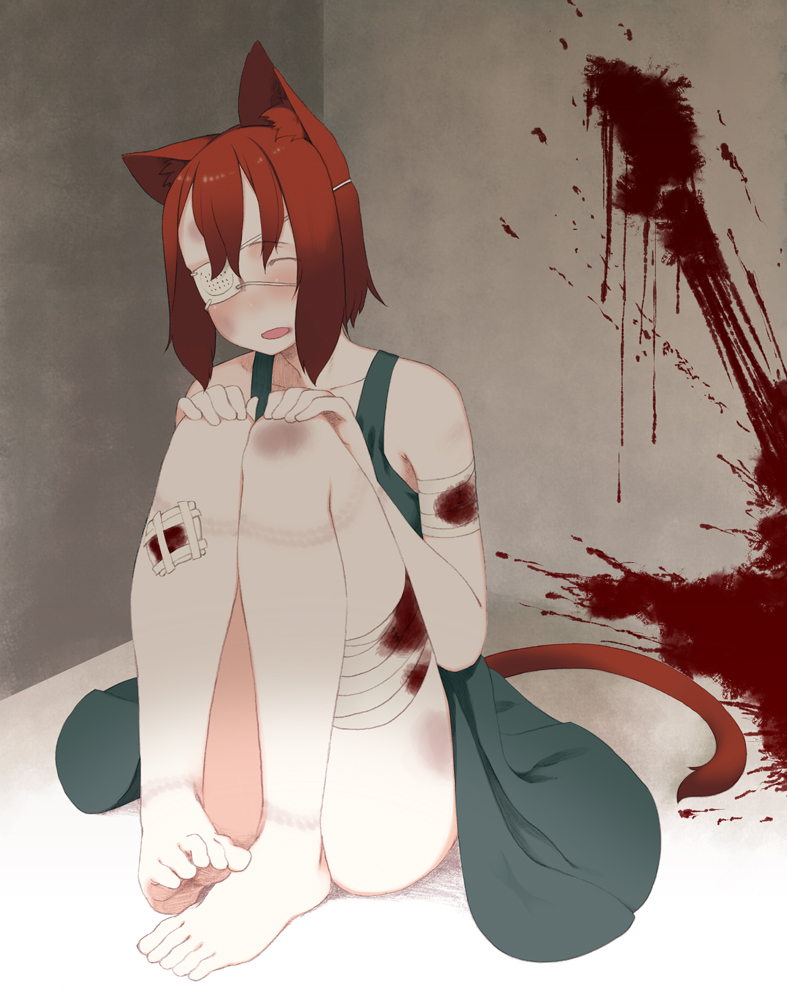 animal_ears bandages blood blood_stain blush brown_hair cat_ears cat_tail dress eyepatch looking_at_viewer majima_yuki open_mouth original rope_marks short_hair sitting smile solo tail
