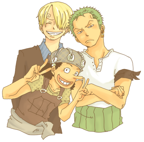 3boys black_hair blonde_hair crossed_arms earrings east_blue formal goggles green_hair hair_over_one_eye haramaki jewelry lowres male male_focus multiple_boys one_piece overalls roronoa_zoro sanji smile suit usopp v