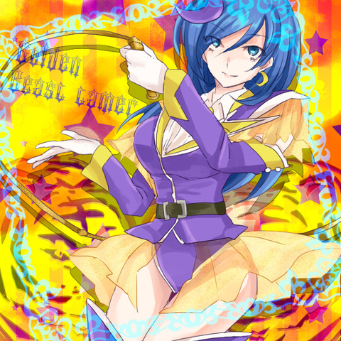 belt blue_eyes blue_hair boots breasts cardfight!!_vanguard cleavage cosplay earrings frills golden_beast_tamer hair_ornament high_heel_boots high_heels jacket jewelry leotard long_hair looking_at_viewer lowres narumi_asaka necklace pale_moon see-through thigh_boots thighhighs vanguard_ride whip