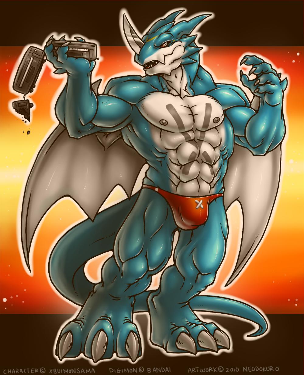 3_toes abs biceps big_muscles blade blue_skin bulge claws clothed clothing digimon dragon exveemon fangs flexing half-dressed horn macro male muscles neodokuro nipples pecs pose scales solo speedo standing swimsuit thong toe_claws topless train white_skin wings xbuimonsama