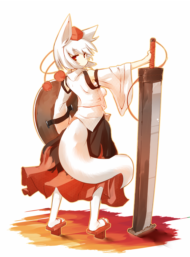 animal_ears detached_sleeves from_behind geta hat huge_weapon inubashiri_momiji looking_at_viewer nijou_katame planted_sword planted_weapon red_eyes shield short_hair silver_hair solo standing sword tail thighhighs tokin_hat touhou weapon white_legwear wide_sleeves wolf_ears wolf_tail