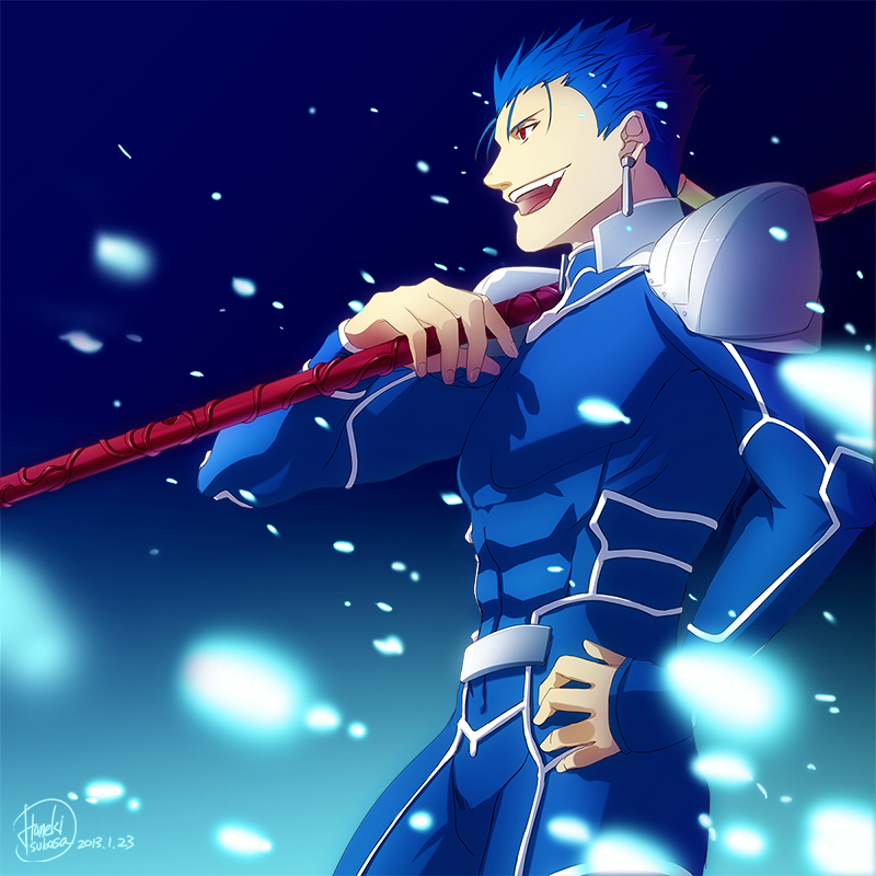 blue_hair earrings fang fate/stay_night fate_(series) gae_bolg haneki jewelry lancer long_hair male_focus polearm ponytail red_eyes solo spear weapon