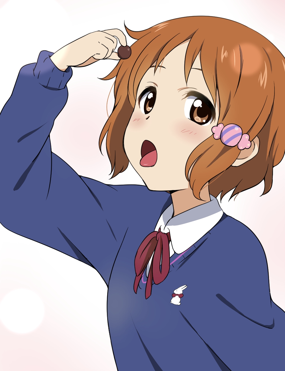:o blush brown_eyes brown_hair candy candy_wrapper food hair_ornament highres ikari_manatsu looking_at_viewer makino_kanna open_mouth ribbon school_uniform short_hair simple_background solo sweater tamako_market tongue tongue_out upper_body white_background