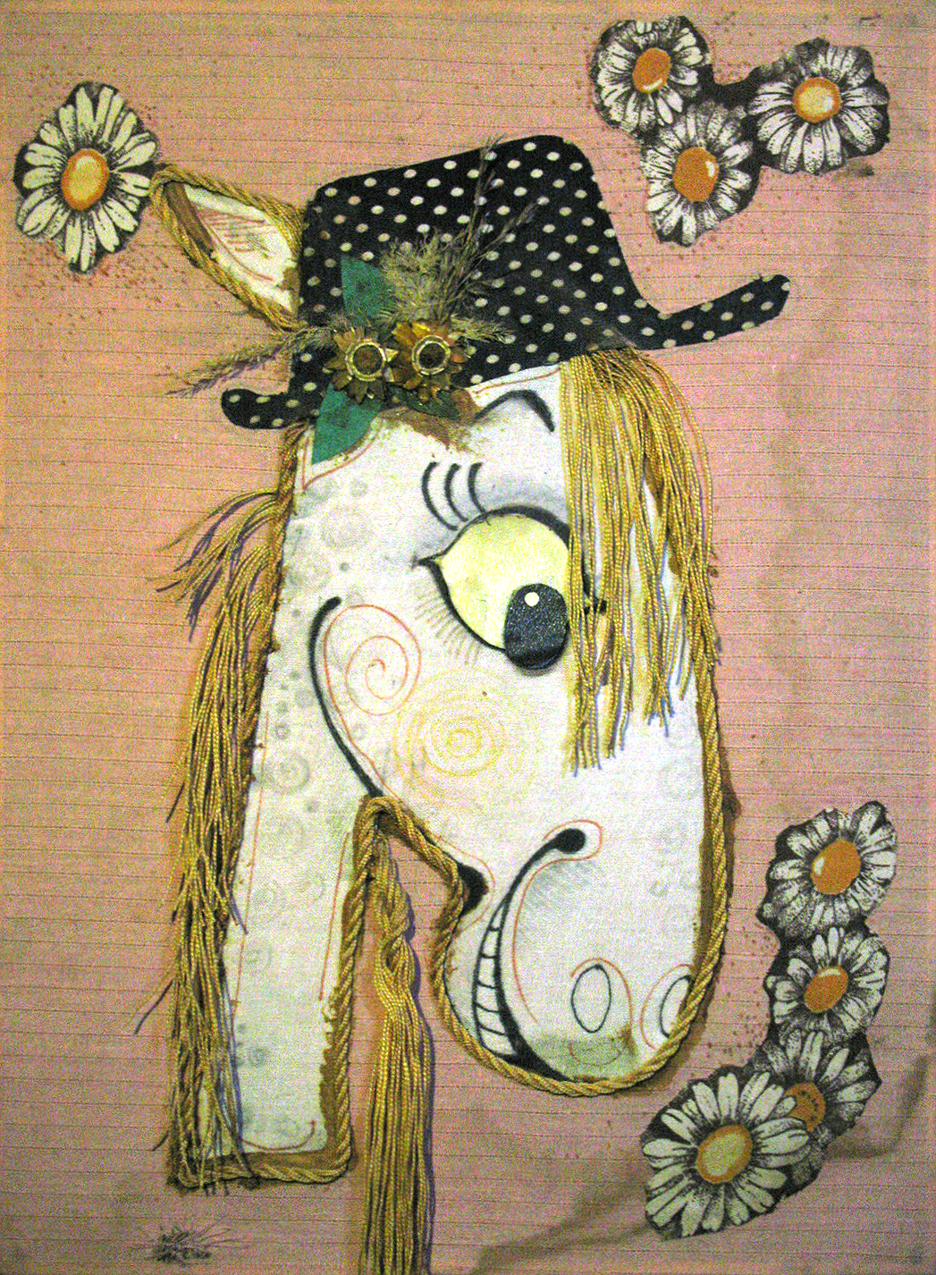 blonde_hair blush bueno camomile collage equine eyelashes fabric feral flower hair hat horse long_hair mammal photo pony real rope smile solo teeth traditional_media