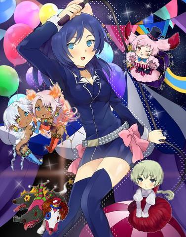 5girls animal_ears ballons balloon barking_cerberus belt blonde_hair blue_eyes blue_hair blush boots bow breasts bunny_ears cardfight!!_vanguard chibi chocker choker cleavage collar cosplay crimson_beast_tamer dress earrings hair_ornament hat jacket jewelry leotard long_hair looking_at_viewer lowres midnight_bunny midnight_bunny, miniskirt multiple_girls narumi_asaka nightmare_doll_alice pale_moon pink_hair red_dress ribbon skirt stockings thigh_boots thighhighs turquoise_beast_tamer whip white_hair yellow_eyes