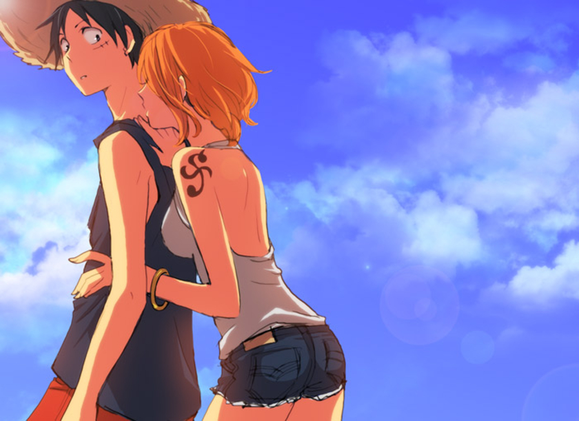 1boy 1girl blue_sky bracelet cloud clouds halter_top halterneck hat jewelry monkey_d_luffy nami nami_(one_piece) one_piece orange_hair outdoors over_shoulder red_pants scar short_shorts shorts sky straw_hat tank_top tattoo