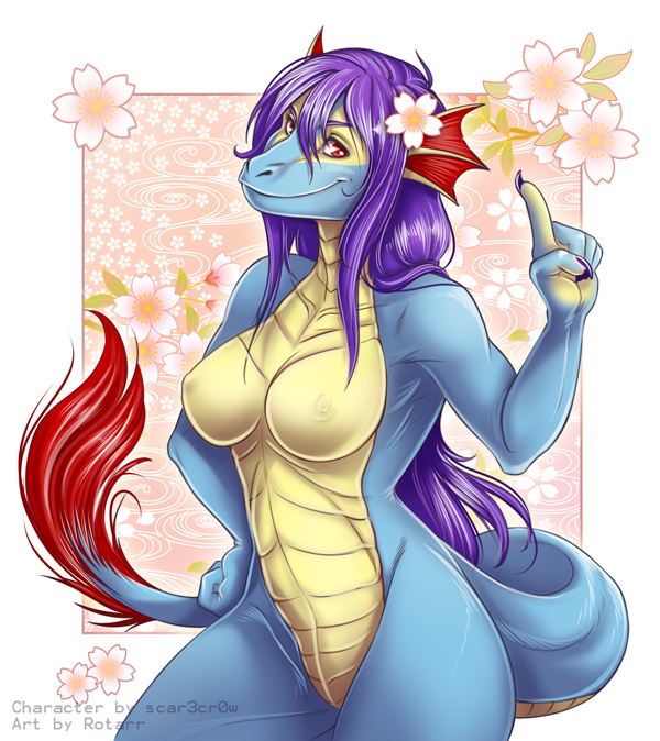breasts dragon female forefinger hair long_hair looking_at_viewer purple_hair red_eyes rotarr scalie scary_(character) smile solo