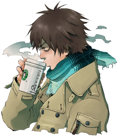 aqua_scarf brown_coat brown_eyes brown_hair buttons coat coffee cup drinking from_side holding holding_cup kazue_kato long_sleeves male_focus open_clothes open_coat original pocket profile scarf shaded_face simple_background solo steam upper_body white_background