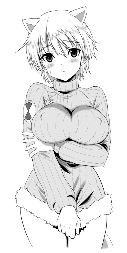 animal_ears blush brave_witches breasts covered_nipples greyscale impossible_clothes impossible_sweater kyougoku_shin large_breasts looking_at_viewer monochrome nikka_edvardine_katajainen ribbed_sweater short_hair simple_background solo sweater tail weasel_ears weasel_tail white_background world_witches_series