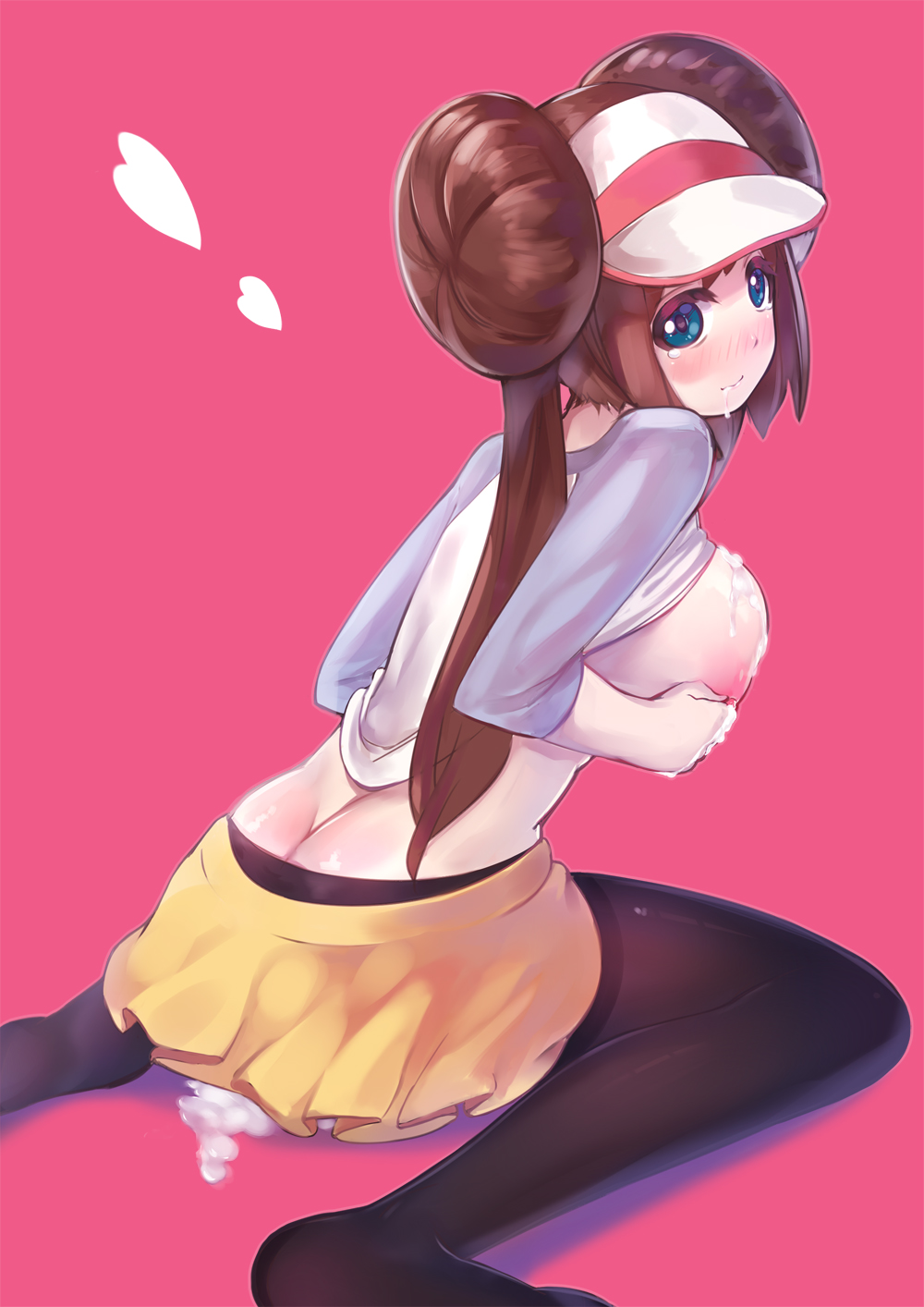 after_sex ass black_legwear blue_eyes blush breasts brown_hair butt_crack cum cum_in_pussy cum_on_body cum_on_breasts cum_on_upper_body double_bun heart highres large_breasts long_hair looking_back mei_(pokemon) nipples pantyhose pokemon pokemon_(game) pokemon_bw2 raglan_sleeves ririko_(zhuoyandesailaer) sitting solo twintails visor_cap