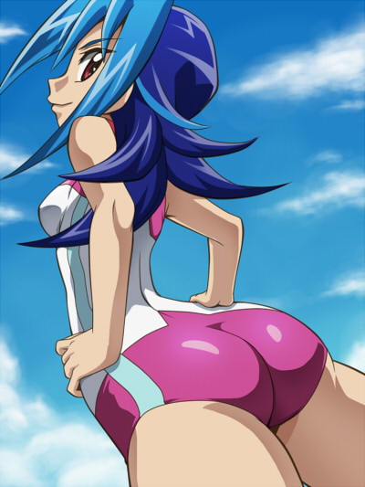 1girl ass awa bikini blue_hair kamishiro_rio looking_back red_eyes swimsuit yu-gi-oh! yuu-gi-ou_zexal
