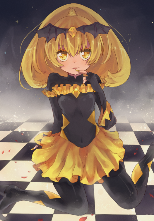 bad_end_peace bad_end_precure bad_id bad_pixiv_id banned_artist bat_wings black_bodysuit blonde_hair bodysuit checkered checkered_floor covered_navel dark_persona finger_to_mouth fingerless_gloves gloves long_hair precure rimoko sitting skirt smile_precure! solo tiara wariza wings yellow_eyes