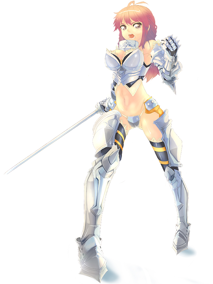 armor breasts brown_eyes cleavage female full_body gauntlets knight long_hair open_mouth reason_(ficafe) sabaton sabatons solo spaulders sword warrior weapon
