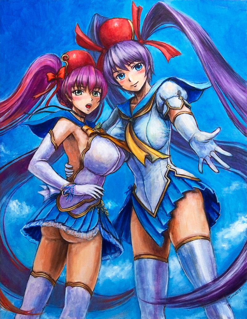 ass blue_eyes blue_sailor_collar blue_skirt bow breasts dual_persona elbow_gloves gloves large_breasts long_hair multiple_girls mushihime-sama mushihime-sama_futari oil_painting_(medium) purple_hair reco sailor_collar skirt tafuto thighhighs twintails very_long_hair white_legwear