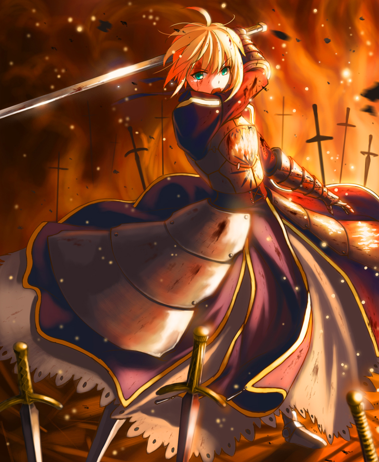 ahoge armor armored_dress artoria_pendragon_(all) blonde_hair blood blood_on_face doora_(dora0913) dress excalibur fate/zero fate_(series) field_of_blades gauntlets green_eyes hair_ribbon md5_mismatch planted_sword planted_weapon ribbon saber solo sword weapon