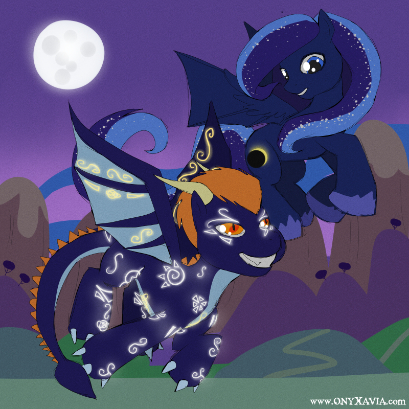 blue blue_hair blue_scales cutie_mark dragon duo eclipse equestria equine female flying friendship glowing hair horn horse hybrid little magic male mammal moon my my_little_pony night orange_hair original_character outside pegasus pony scalie wings