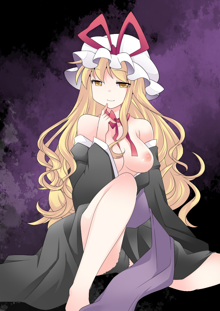 bad_id bad_pixiv_id black_panties blonde_hair breasts hammer_(sunset_beach) hat long_hair medium_breasts nipples no_bra open_clothes open_shirt panties robe shirt smile solo touhou underwear yakumo_yukari yellow_eyes