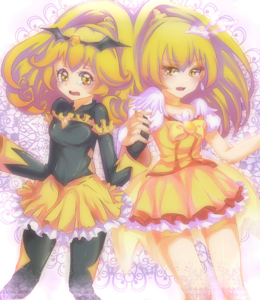 bad_end_peace bad_end_precure bat bike_shorts black_bodysuit blonde_hair bodysuit bow breasts choker cosplay costume_switch cure_peace dark_persona fingerless_gloves gloves hair_flaps hair_ornament kise_yayoi long_hair magical_girl medium_breasts multiple_girls open_mouth peruri ponytail precure shorts shorts_under_skirt skirt smile smile_precure! tears tiara v wrist_cuffs yellow_bow yellow_eyes yellow_shorts yellow_skirt