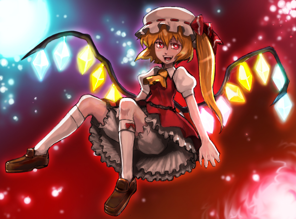 blonde_hair bloomers fang flandre_scarlet hat ponytail red_eyes ribbon short_hair solo tomoyohi touhou underwear white_bloomers wings