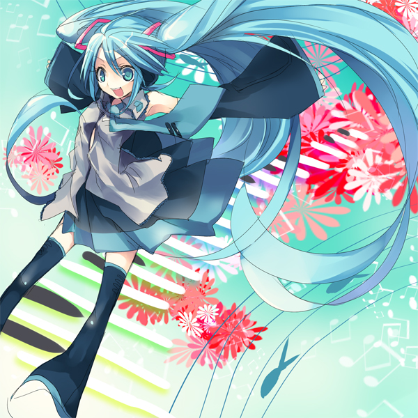 aqua_eyes aqua_hair bad_id bad_pixiv_id beamed_eighth_notes detached_sleeves flower hanepochi hatsune_miku long_hair musical_note necktie skirt solo thighhighs twintails very_long_hair vocaloid