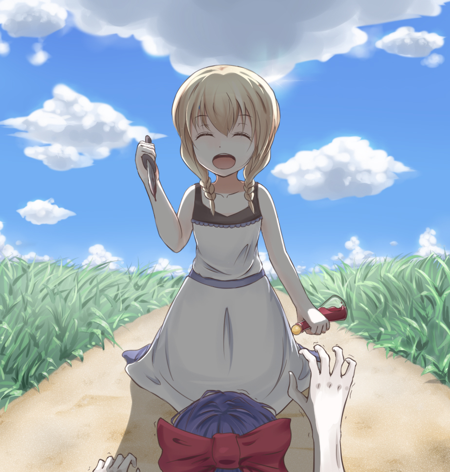 ^_^ ^o^ blonde_hair blood bottle bow braid closed_eyes cloud crawling day dress ellen_(majo_no_ie) grass holding kneeling knife majo_no_ie maze_(moonlok) multiple_girls on_floor open_mouth outstretched_arm path purple_hair reaching road sky spoilers twin_braids viola_(majo_no_ie) weapon