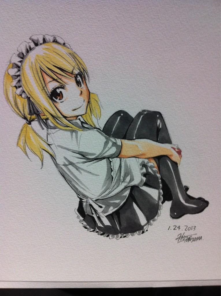 2013 alternate_costume black_legwear blonde_hair brown_eyes dated enmaided fairy_tail frills from_behind leg_hug looking_back lucy_heartfilia maid maid_headdress mashima_hiro official_art ribbon signature smile solo thighhighs traditional_media twintails