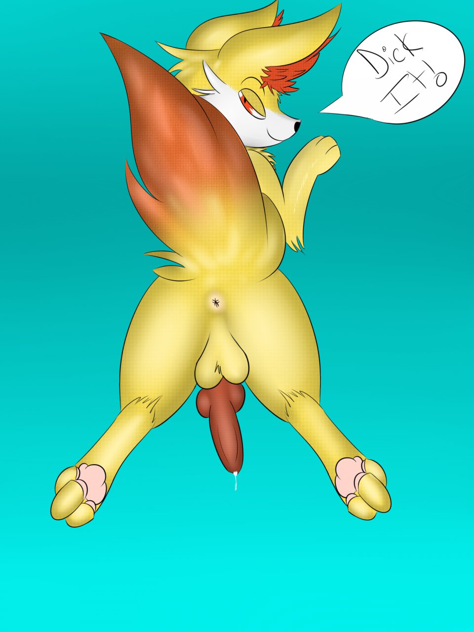 balls canine dick_it english_text fennec fennekin fox fur gay invalid_color invalid_tag knot looking_at_viewer looking_back male mammal nintendo paws penis plain_background pok&#233;mon pok&eacute;mon pok&eacute;philia raised_tail solo text video_games yellow yellow_fur