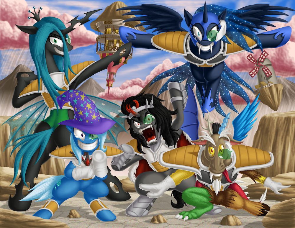 antlers armor blue_eyes blue_fur blue_hair changeling discord_(mlp) draconequus dragon_ball dragon_ball_z engrishman equine fangs female friendship_is_magic fur green_eyes green_hair group hair hat helmet holes horn horse king_sombra_(mlp) long_hair looking_at_viewer male mammal my_little_pony nightmare_moon_(mlp) outside parody pony queen_chrysalis_(mlp) red_eyes trixie_(mlp) unicorn winged_unicorn wings wizard_hat