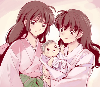 baby brown_hair higurashi_kagome holding inuyasha long_hair low-tied_long_hair lowres mocha_y multiple_girls older sango smile