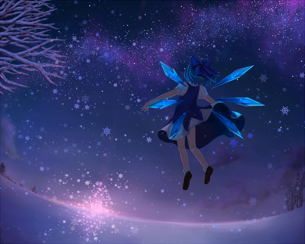ankle_socks blue_dress blue_hair bow cirno dress flying from_behind hair_bow horizon konoe3 meadow milky_way night open_hands outdoors outstretched_arms short_sleeves sky snow snowflakes solo spread_arms star_(sky) starry_sky touhou tree twilight wind wind_lift wings