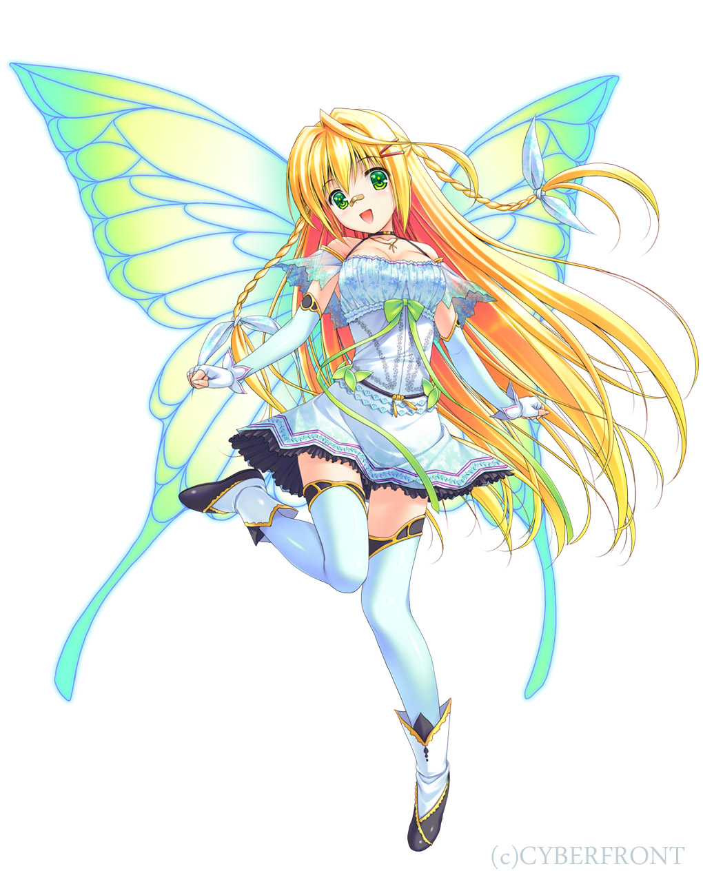 bad_id bad_pixiv_id bandaid bandaid_on_nose blonde_hair blush boots bow braid dress dungeon_&amp;_valkyrie fairy fairy_wings fingerless_gloves gloves green_eyes highres long_hair open_mouth pointy_ears sakaki_maki smile solo sprite_(dungeon_&amp;_valkyrie) thighhighs twin_braids wings