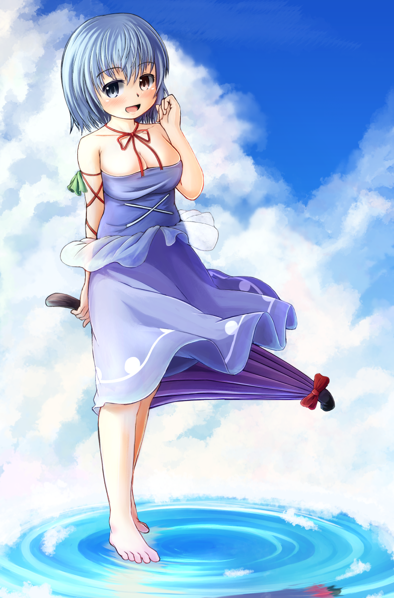 adapted_costume adworse arm_ribbon bare_shoulders barefoot blue_eyes blue_hair blue_sky blush breasts cleavage closed_umbrella cloud day heterochromia large_breasts neck_ribbon open_mouth purple_umbrella red_eyes ribbon short_hair skirt sky smile solo standing standing_on_liquid tatara_kogasa touhou umbrella water