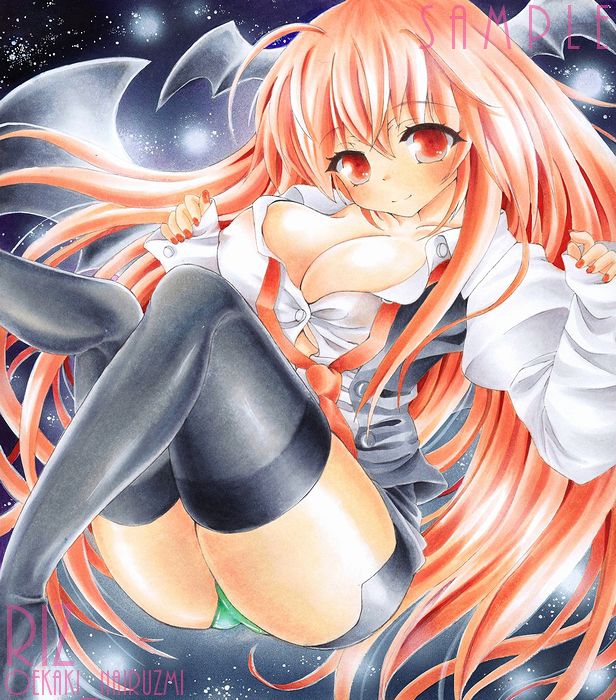 acrylic_paint_(medium) ahoge artist_name bat_wings breasts cleavage covered_nipples dress_shirt flying green_panties head_wings koakuma large_breasts light_smile long_hair looking_at_viewer loose_necktie marker_(medium) necktie night night_sky no_shoes oekaki_narizumi open_clothes open_vest panties red_eyes red_hair shirt skirt sky sleeves_past_wrists solo star_(sky) starry_sky thighhighs touhou traditional_media underwear very_long_hair vest watermark wings