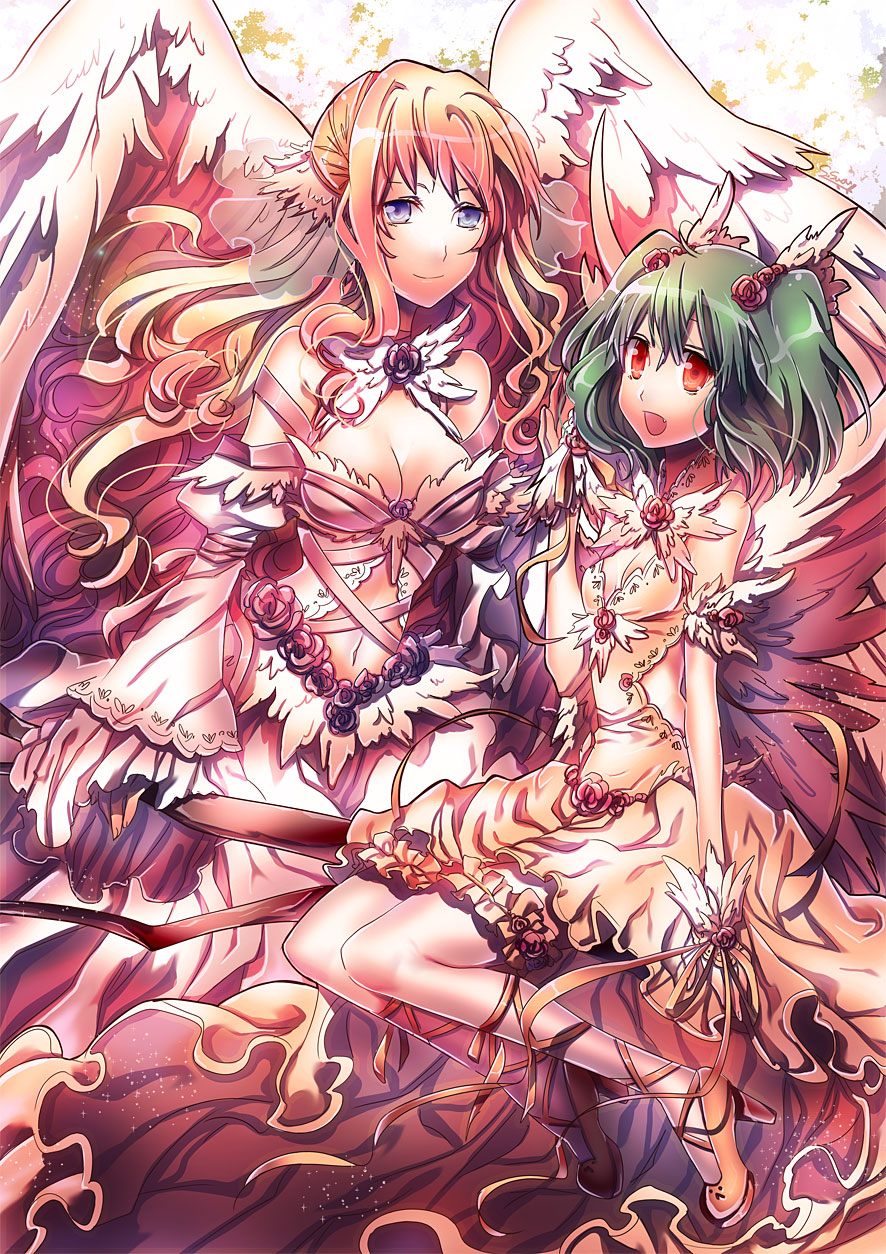 bad_id bad_pixiv_id breasts cleavage cross-laced_clothes green_hair head_wings highres long_hair macross macross_frontier medium_breasts multiple_girls navel ranka_lee red_eyes sheryl_nome small_breasts suou_sakura two_side_up very_long_hair wings