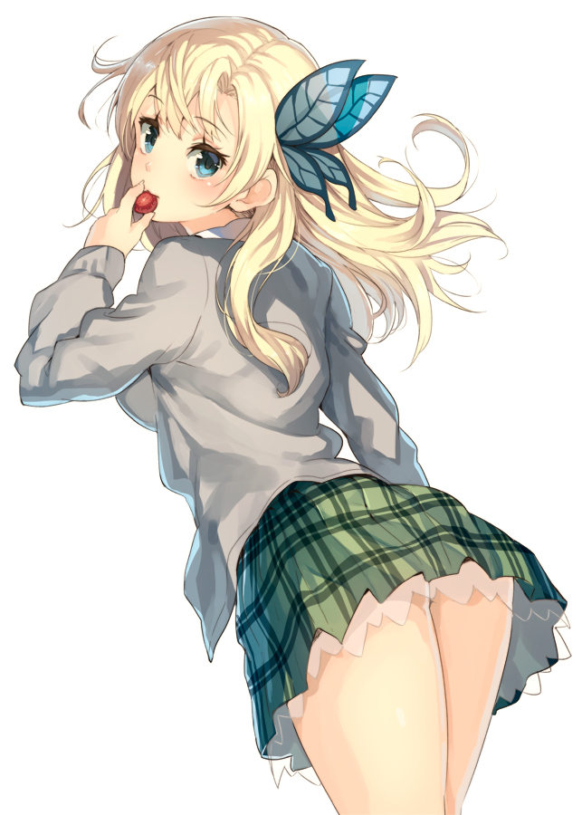 banned_artist blonde_hair blue_eyes blush boku_wa_tomodachi_ga_sukunai bug butterfly butterfly_hair_ornament eating hair_ornament insect kashiwazaki_sena long_hair looking_at_viewer looking_back paseri plaid plaid_skirt school_uniform simple_background skirt solo st._chronica_academy_uniform white_background