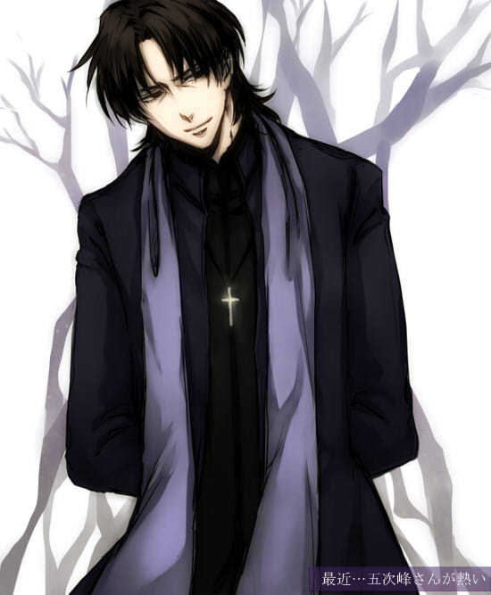 asagi-2580 bad_id bad_pixiv_id brown_eyes brown_hair cross cross_necklace fate/stay_night fate_(series) jewelry kotomine_kirei male_focus necklace solo stole tree