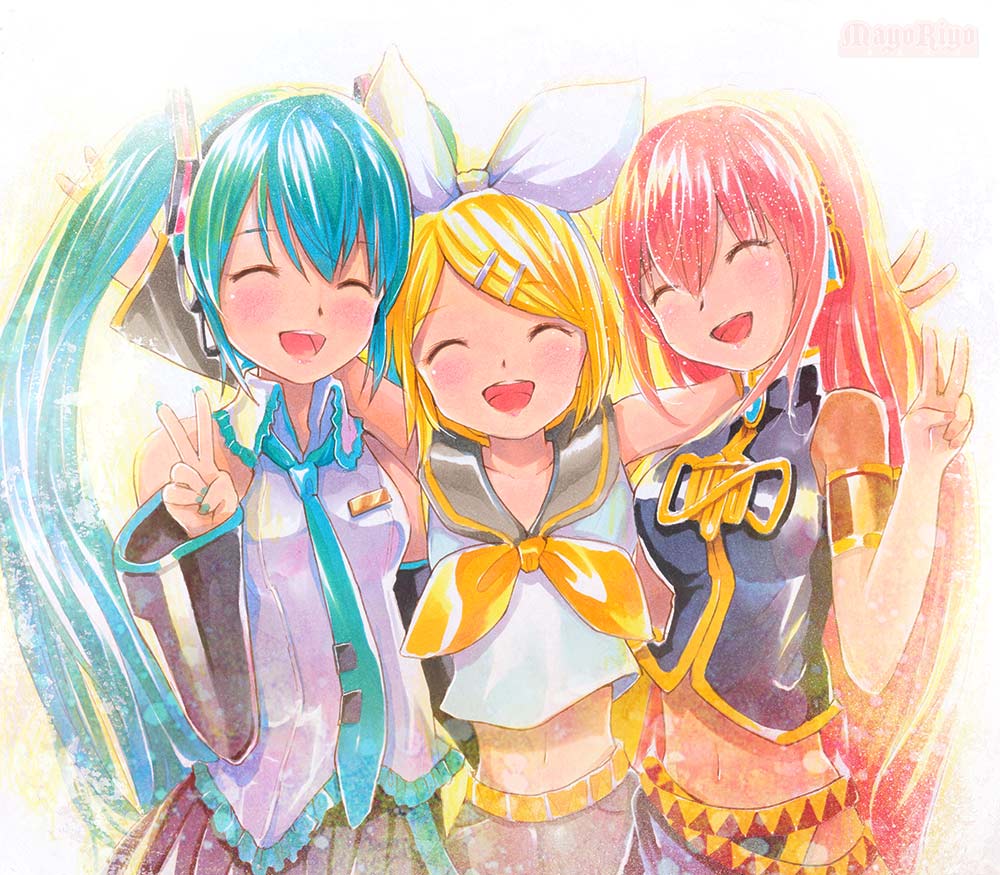 :d ^_^ aqua_hair artist_name bare_shoulders blonde_hair blush closed_eyes detached_sleeves hair_ornament hatsune_miku headphones headset kagamine_rin long_hair mayo_riyo megurine_luka multiple_girls navel necktie open_mouth outstretched_arms pink_hair short_hair smile traditional_media twintails v very_long_hair vocaloid