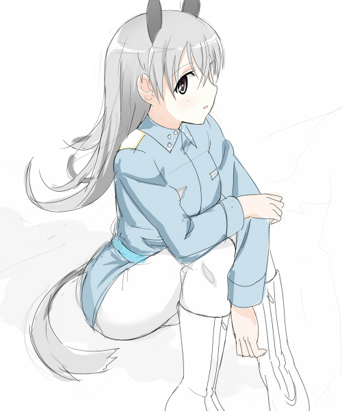aki_(d071026m) animal_ears bad_id bad_pixiv_id boots eila_ilmatar_juutilainen long_hair long_sleeves military military_uniform pantyhose silver_hair solo strike_witches tail uniform white_legwear world_witches_series yellow_eyes