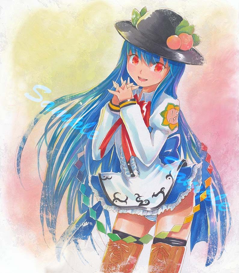 :d adapted_costume blue_hair boots cross-laced_footwear food fruit hat hinanawi_tenshi interlocked_fingers knee_boots lace-up_boots long_hair looking_at_viewer mayo_riyo open_mouth panties pantyshot peach race_queen red_eyes sample smile solo striped striped_panties touhou traditional_media underwear very_long_hair