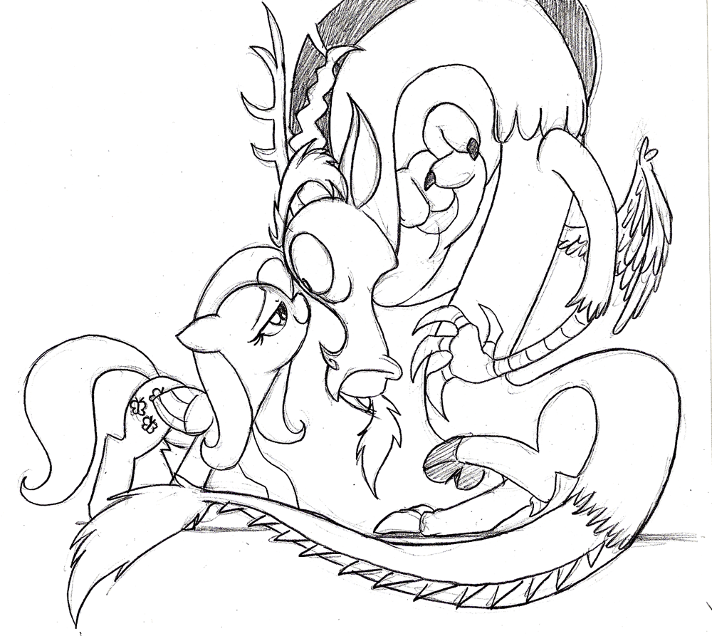 antler antlers beard cute discord_(mlp) draconequus duo equine eye_contact facial_hair female feral fluttershy_(mlp) friendship_is_magic horn horse male mammal mickeymonster mickymonster monochrome my_little_pony pegasus plain_background pony sketch smile white_background wings