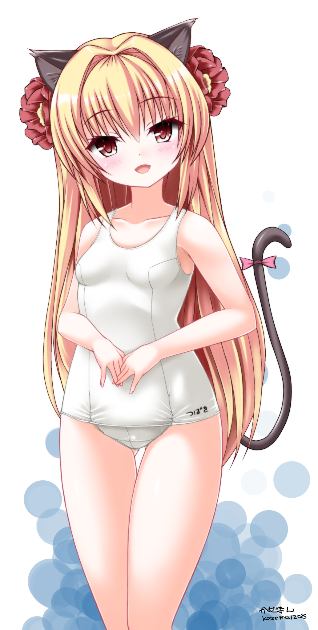 :d animal_ears bangs bare_arms bare_shoulders blonde_hair blush bow breasts cat_ears cat_girl cat_tail collarbone commentary_request copyright_request eyebrows_visible_through_hair fang flower gluteal_fold hair_between_eyes hair_flower hair_ornament head_tilt highres kaze_makase long_hair looking_at_viewer old_school_swimsuit open_mouth own_hands_together pink_bow red_eyes red_flower school_swimsuit sidelocks signature small_breasts smile solo swimsuit tail tail_bow thigh_gap very_long_hair virtual_youtuber white_background white_school_swimsuit white_swimsuit