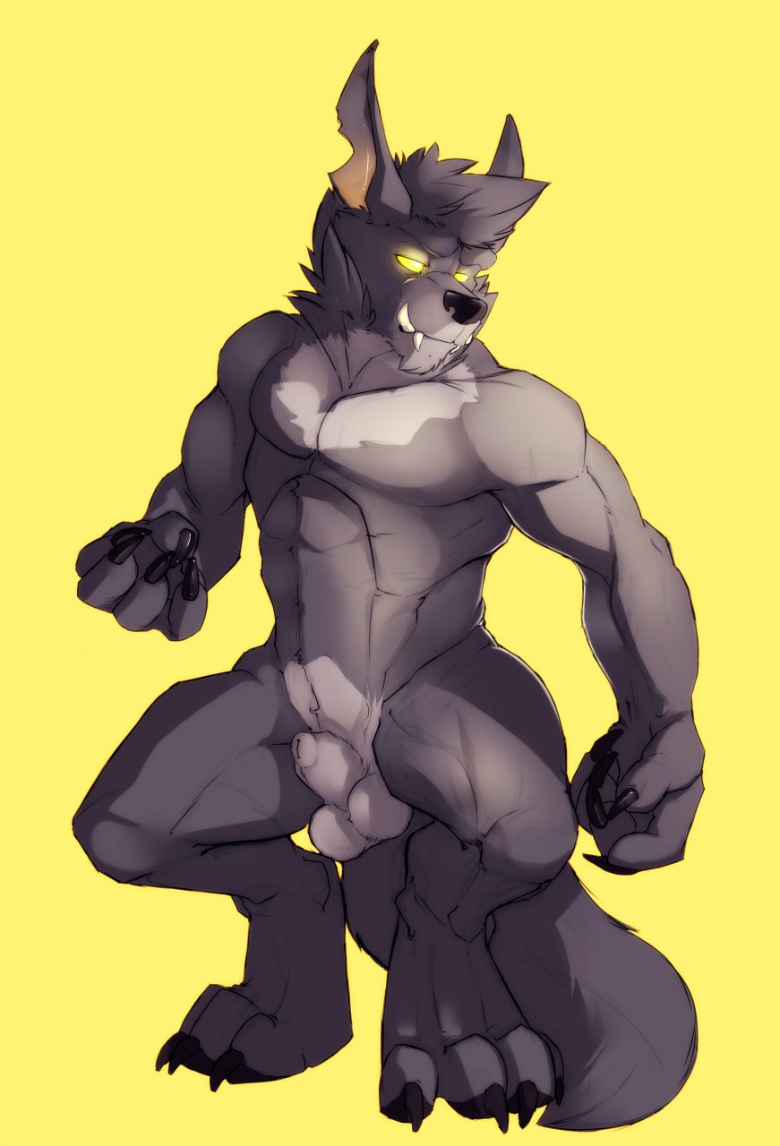 anthro balls biceps big_muscles black_nose canine claws crouching fangs fur glowing glowing_eyes grey_fur grey_hair hair male mammal muscles no_swift nude pawpads pecs plain_background sheath solo teeth video_games warcraft were werewolf wolf worgen yellow_background yellow_eyes