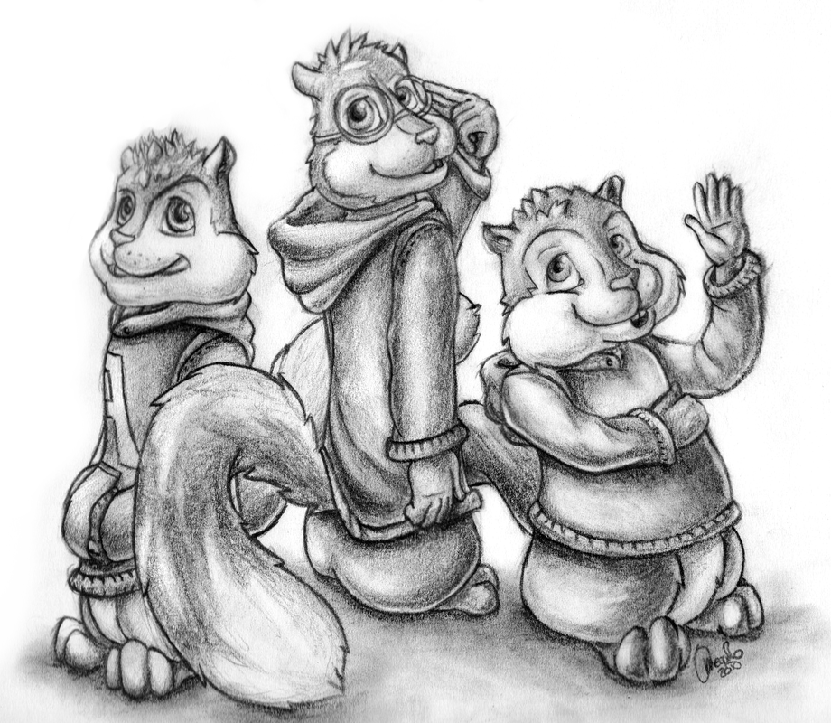 alvin_and_the_chipmunks alvin_seville chipmunk eyewear fluffy_tail glasses greyscale long_tail looking_at_viewer monochrome omegaro simon_seville theodore_seville three